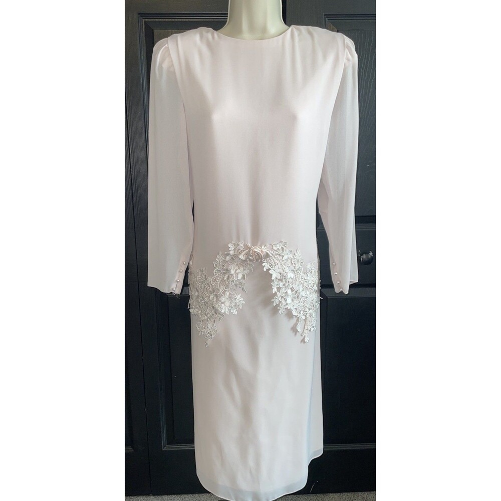 Vintage 90s Ursula of Switzerland Pink Lace Chiffon Dress Pearl Buttons 8
